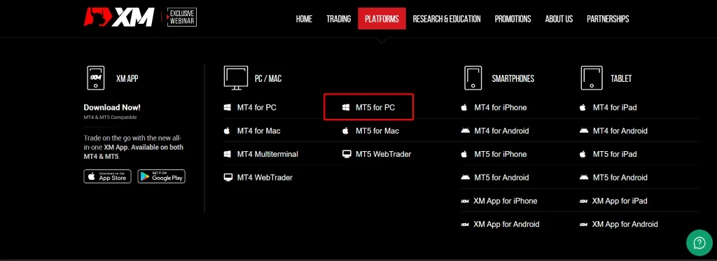 Nhấn vào tùy chọn "MT5 for PC"
