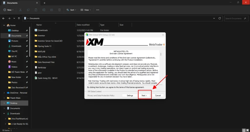 Cửa sổ "XM Global MT4 Setup" xuất hiện, nhấn "Next" để bắt đầu quá trình cài đặt.