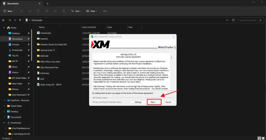 Cửa sổ "XM Global MT5 Setup" xuất hiện, nhấn "Next" để bắt đầu quá trình cài đặt.